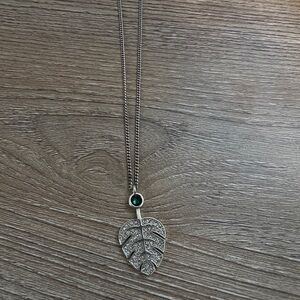Brighton Silver Leaf Pendant Necklace with Green Gem NWT